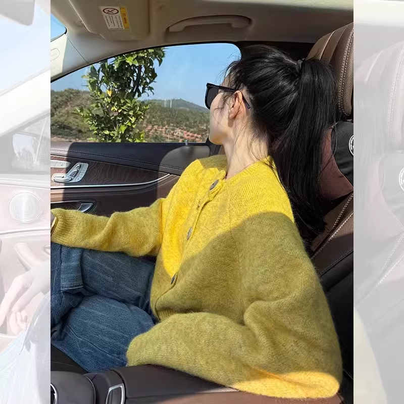 黄色奶呼呼软糯针织开衫女秋冬短款小个子宽松上衣慵懒风毛衣外套