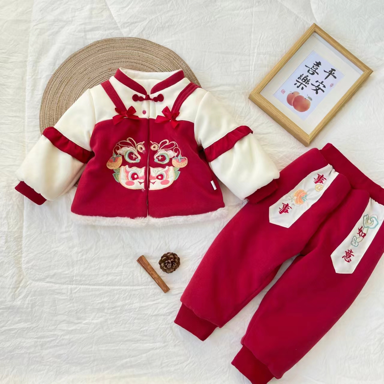 女童新年款刺绣锦鲤风童装事事如意套装秋冬加厚红色套装SJ-B-E03