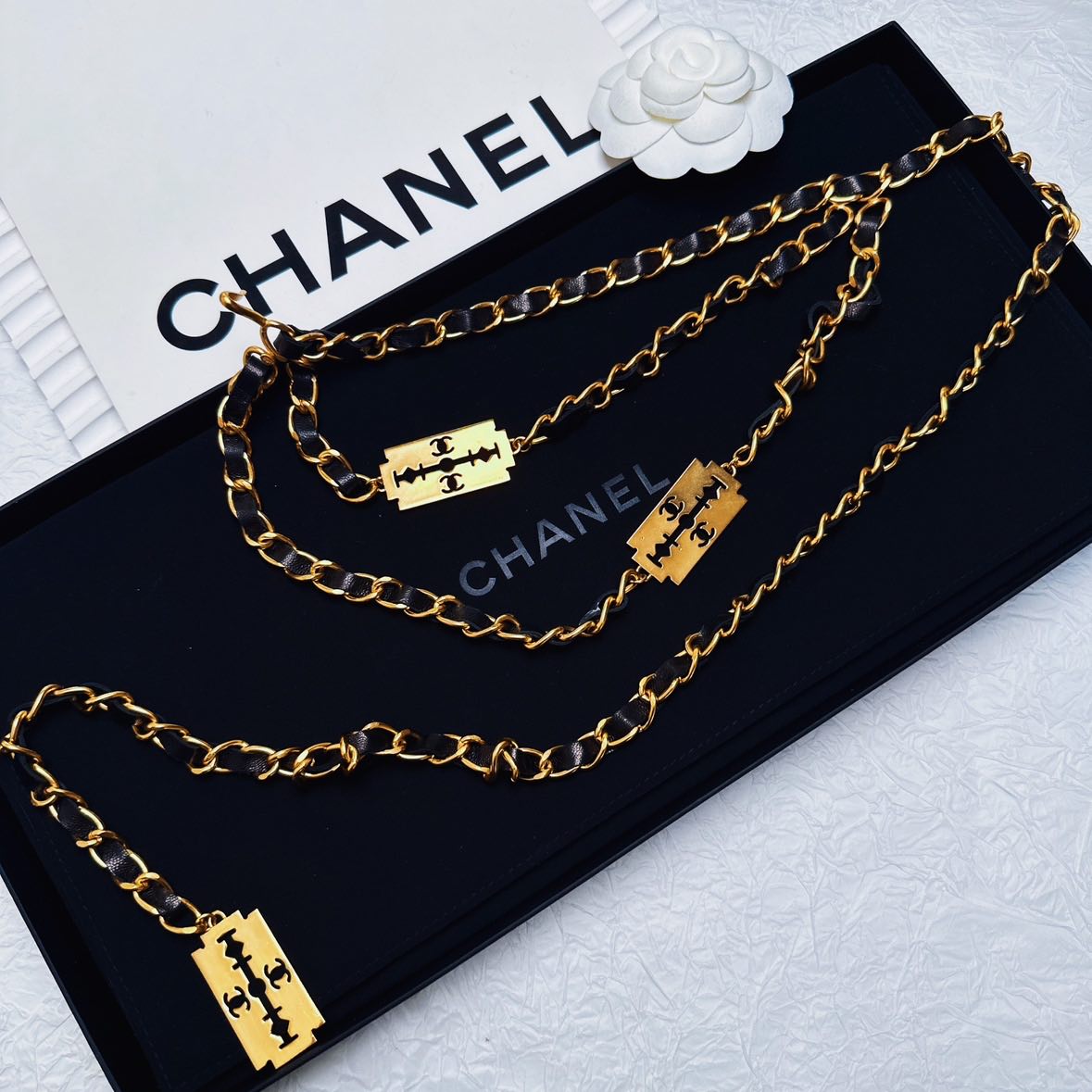 95新 Chanel/香奈儿 柚礼中古/香奈儿黑金刀片皮穿腰链LZ502057