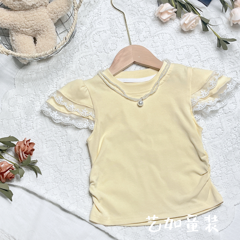 番茄家*夏季上新纯色蕾丝小飞袖T恤D-W470