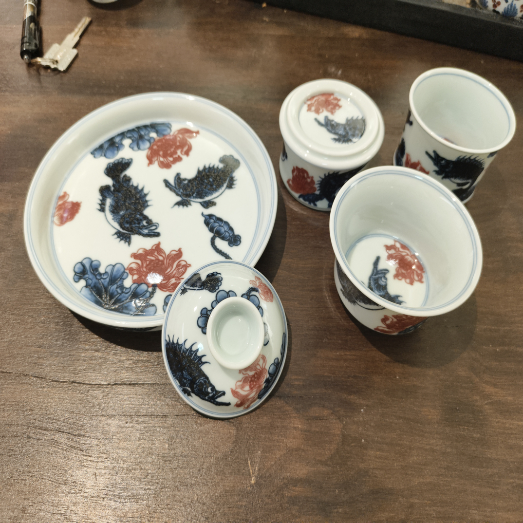 【子君堂】青花釉里红双鳜套组纯手工手绘高端陶瓷收藏送礼