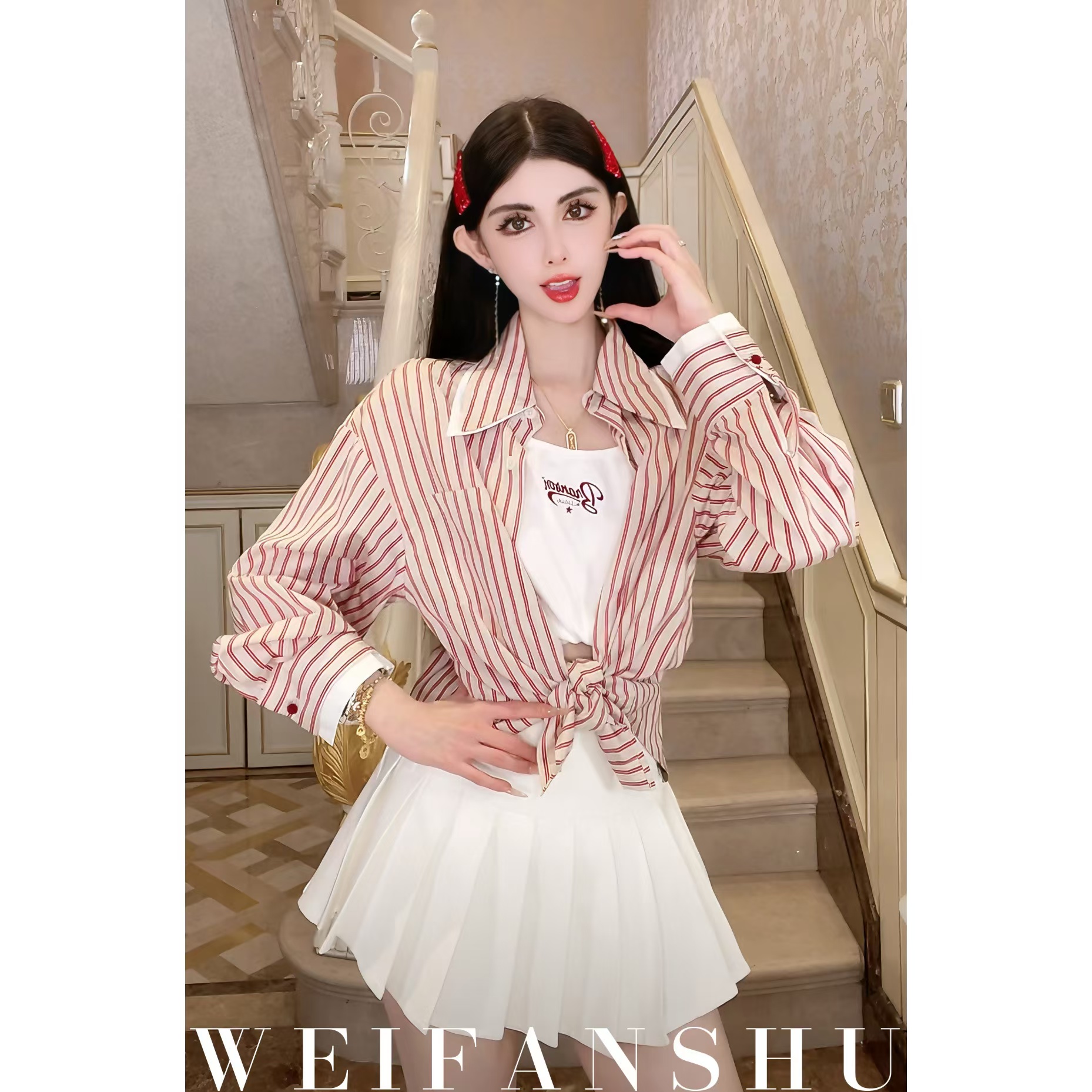 WEIFANSHU/魏凡舒【夏日唱片】秋冬新款时尚清新条纹衬衫吊带两件套