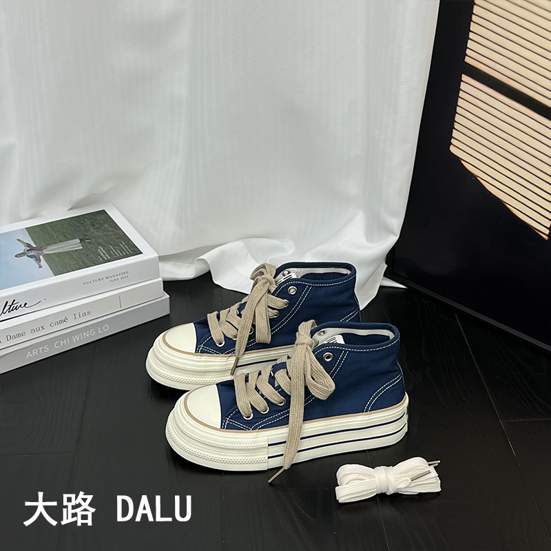 【DaLu】圆头系带高帮帆布鞋女2025秋季ins厚底百搭休闲时尚板女鞋
