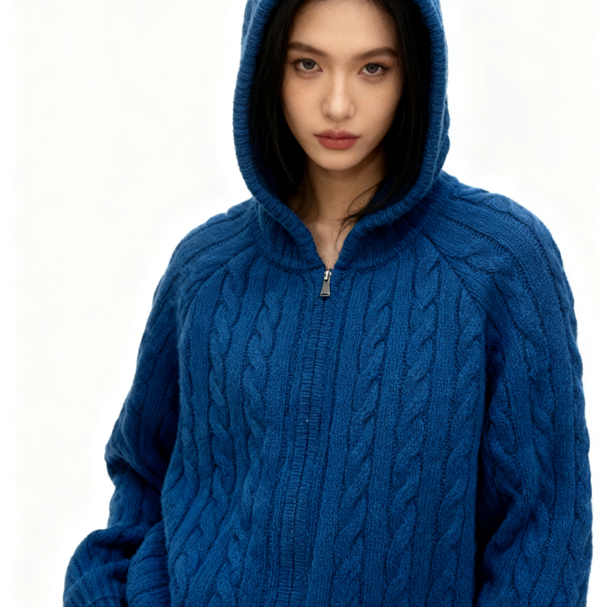 克莱因蓝帽衫双头拉链麻花毛衣女秋冬宽松慵懒风加厚保暖开衫5942