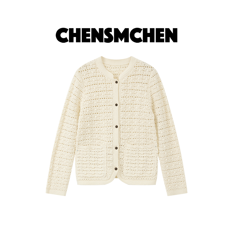 CHENSMCHEN 100棉简约纯色镂空长袖开衫女百搭显瘦上衣CSZ6053QQ