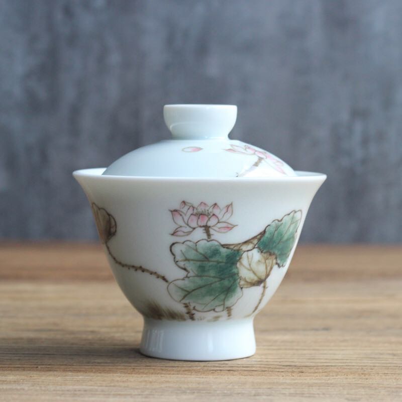 微瑕手绘【不严丝合缝】二才盖碗五彩荷花160cc茶碗家用工夫茶器