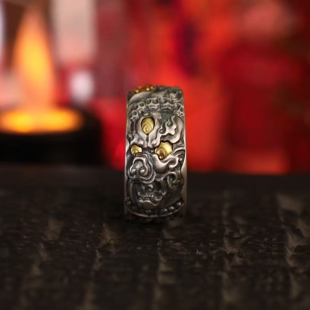 925银戒指 传饰圣藏| 藏式原创设计925银电镀金精工大威德戒指