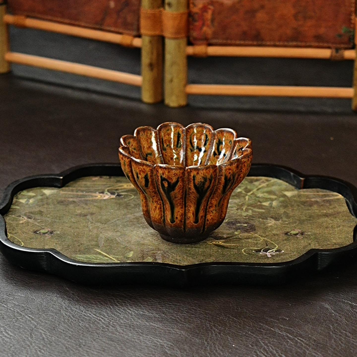 【9005釉彩菱花杯】宜兴原矿紫砂全手工釉彩茶器主人杯茶具