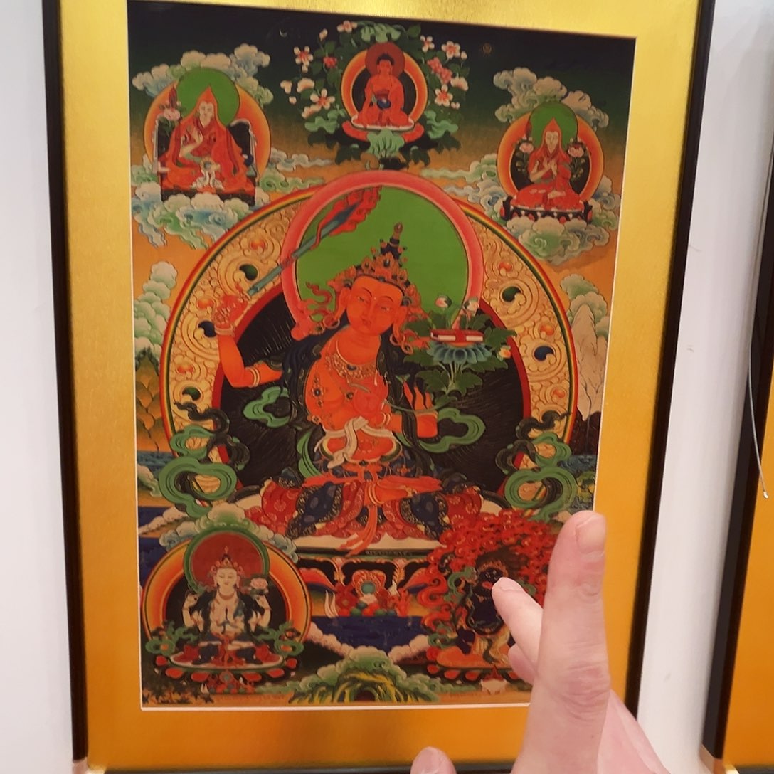 自***乐卷轴画唐卡黄文殊菩萨带框