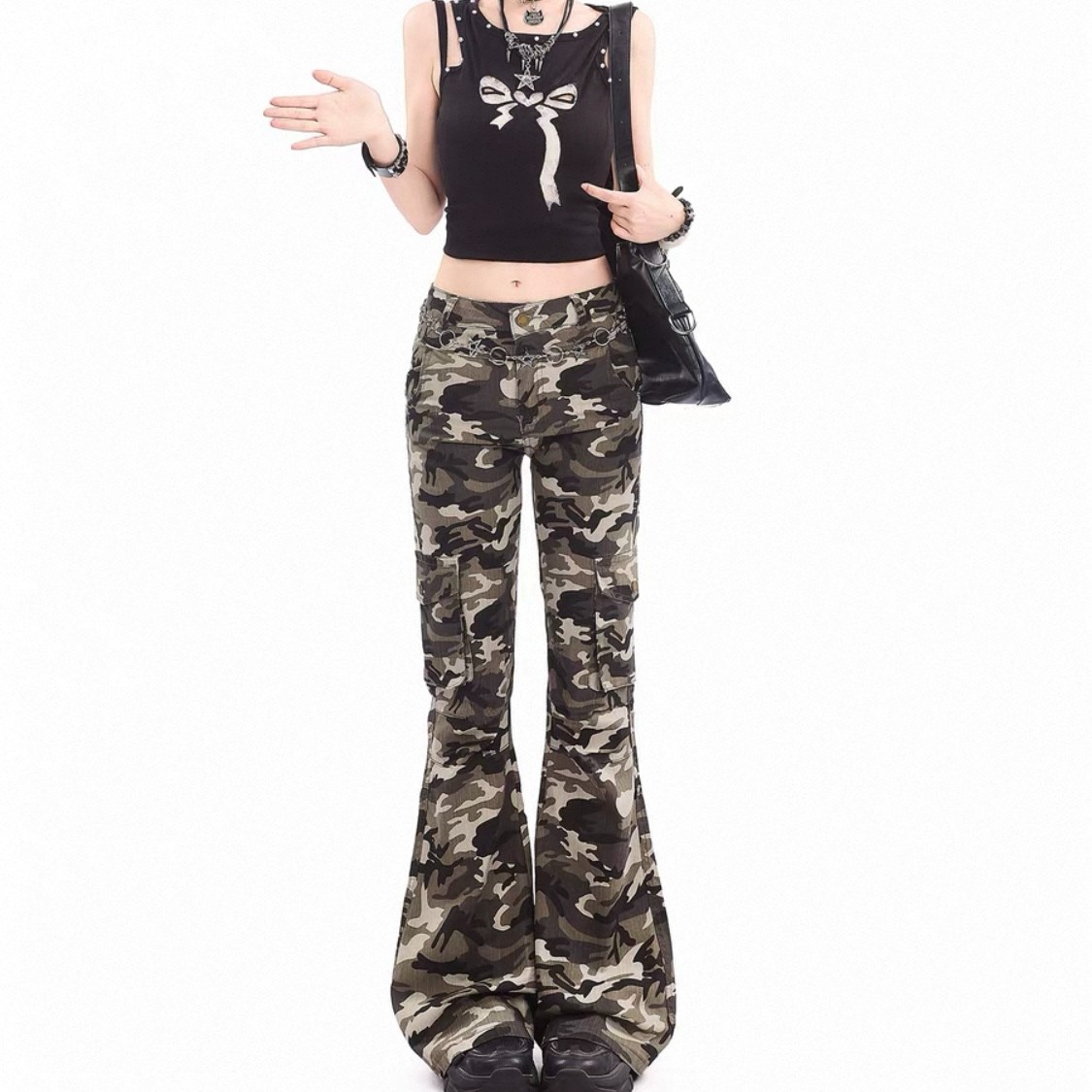 [胖鹅张]薄款~多口袋设计迷彩工装微喇裤 #3253 以直播间展示为准