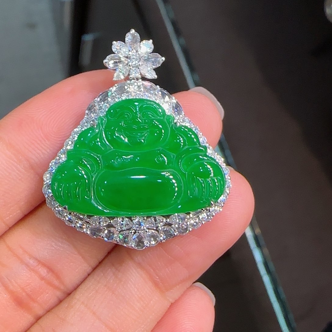 翡翠吊坠(不含链)18K金镶嵌佛公