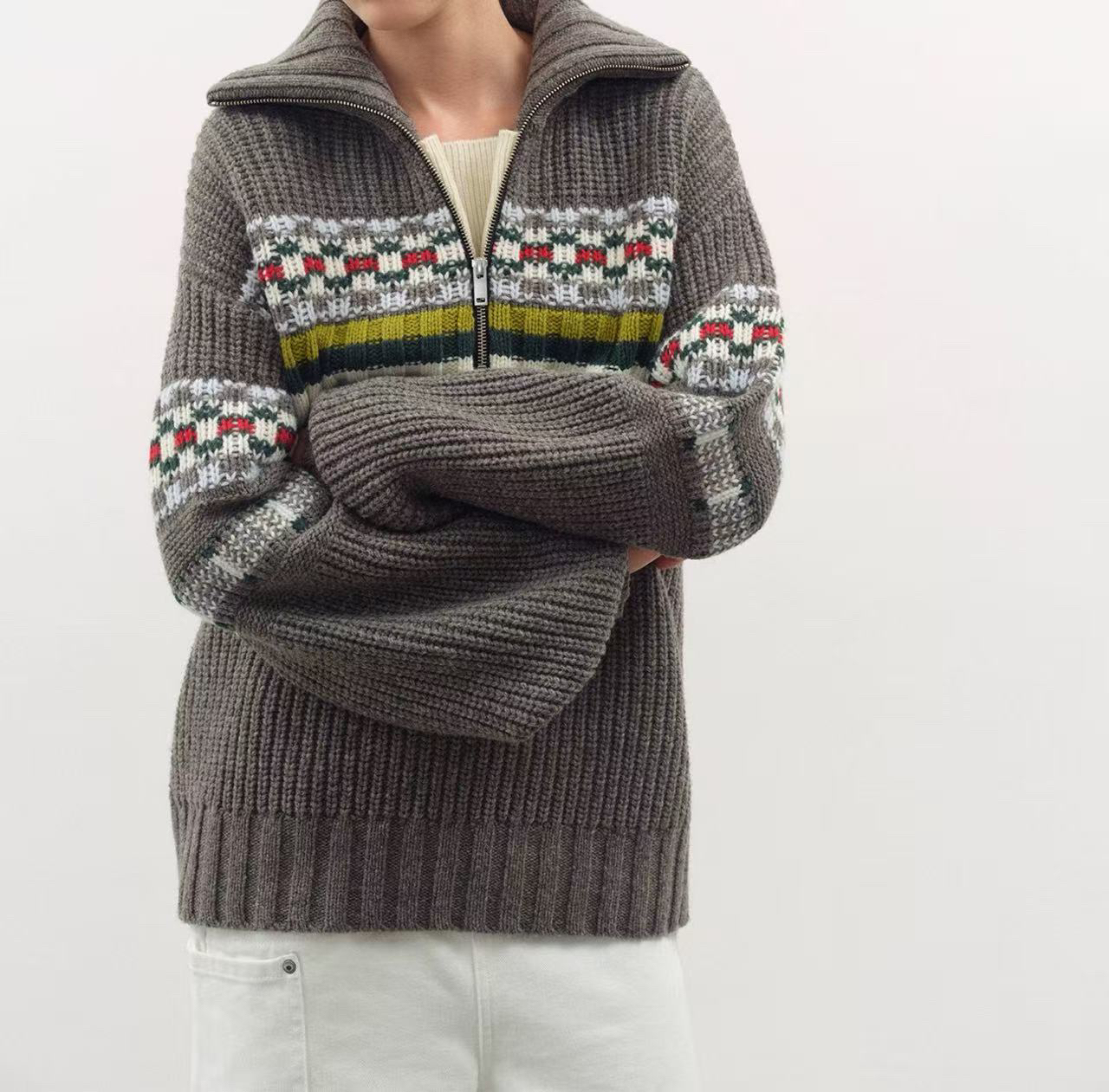 半开领拉链特殊花纹提花套头针织衫毛织上衣6720