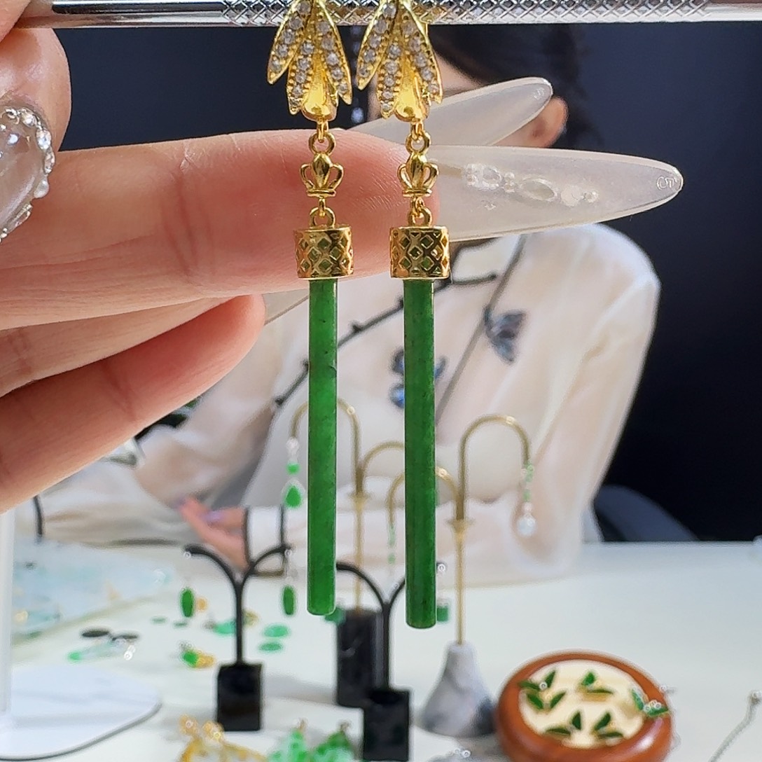 翡翠银S925镶嵌耳饰S925银镶嵌