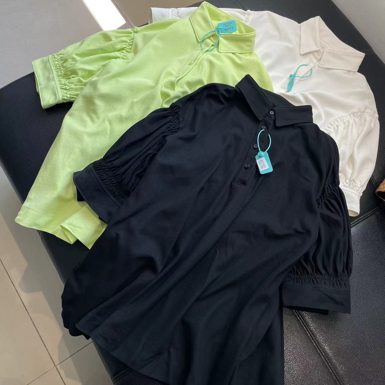 CS394夏装新款翻领短袖宽松休闲纯色珠地棉褶皱T恤女士