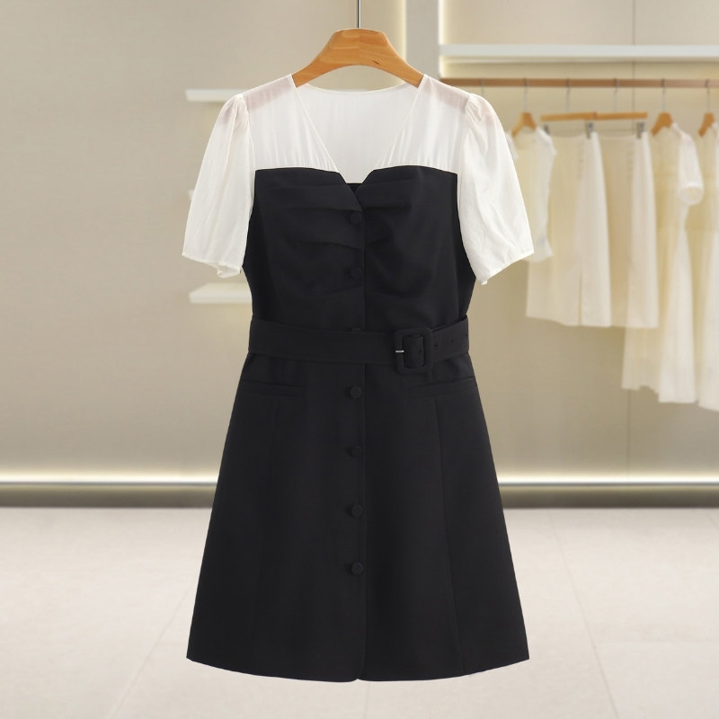 【主播上身款】拼色V领短袖装饰扣减龄连衣裙夏季女装2025新款