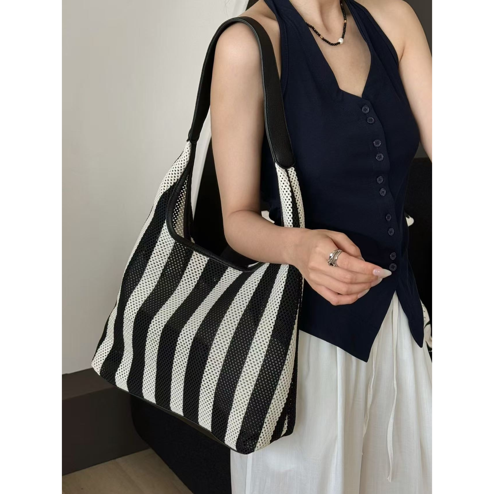 SP ins夏季条纹编织包大容量托特包腋下单肩包托特包子母包沙滩包