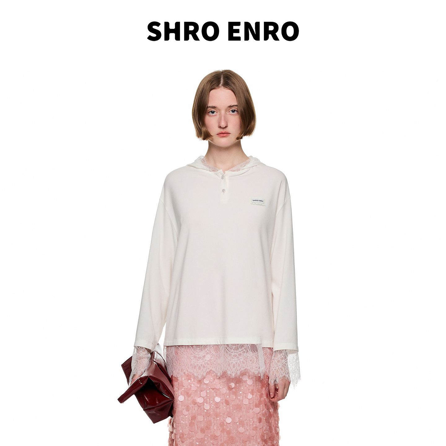 SHRO ENRO 2025秋季时尚蕾丝拼接宽松连帽T恤长袖S52A01LH004