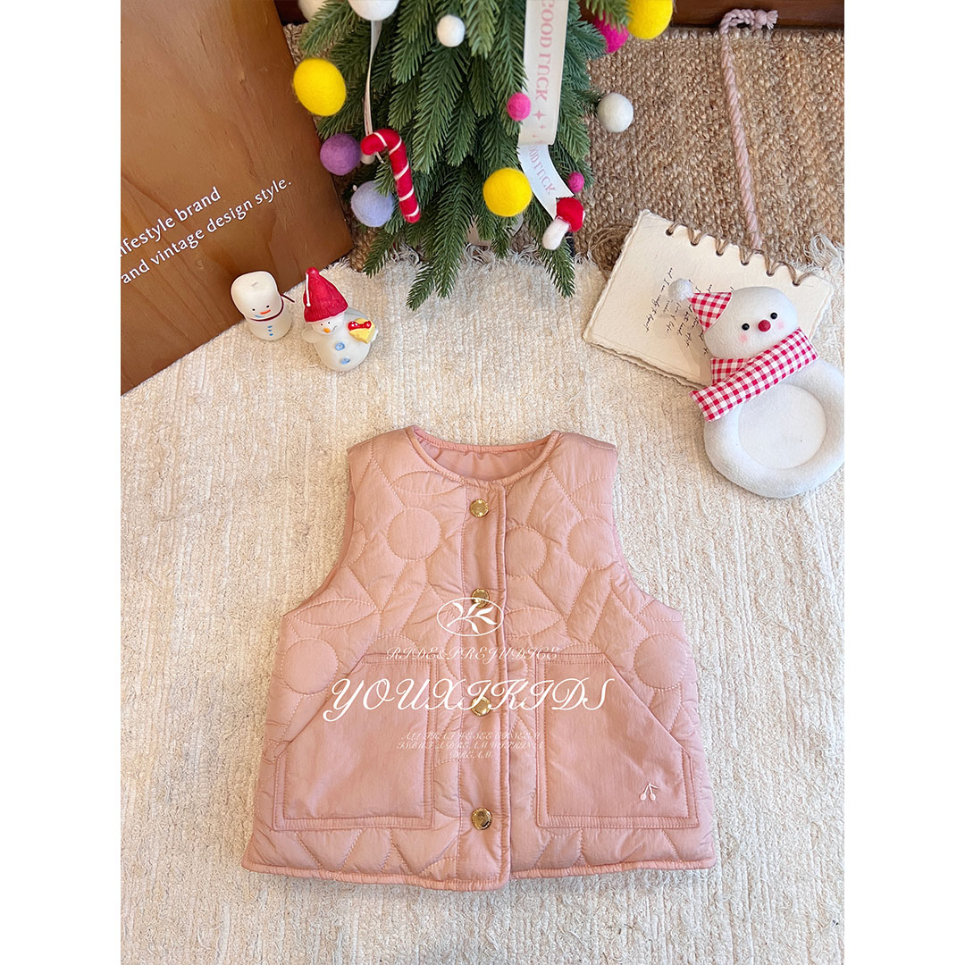 现飞飞家·柔粉樱桃新款秋冬女童洋气韩版粉色樱桃刺绣马甲 FF3118