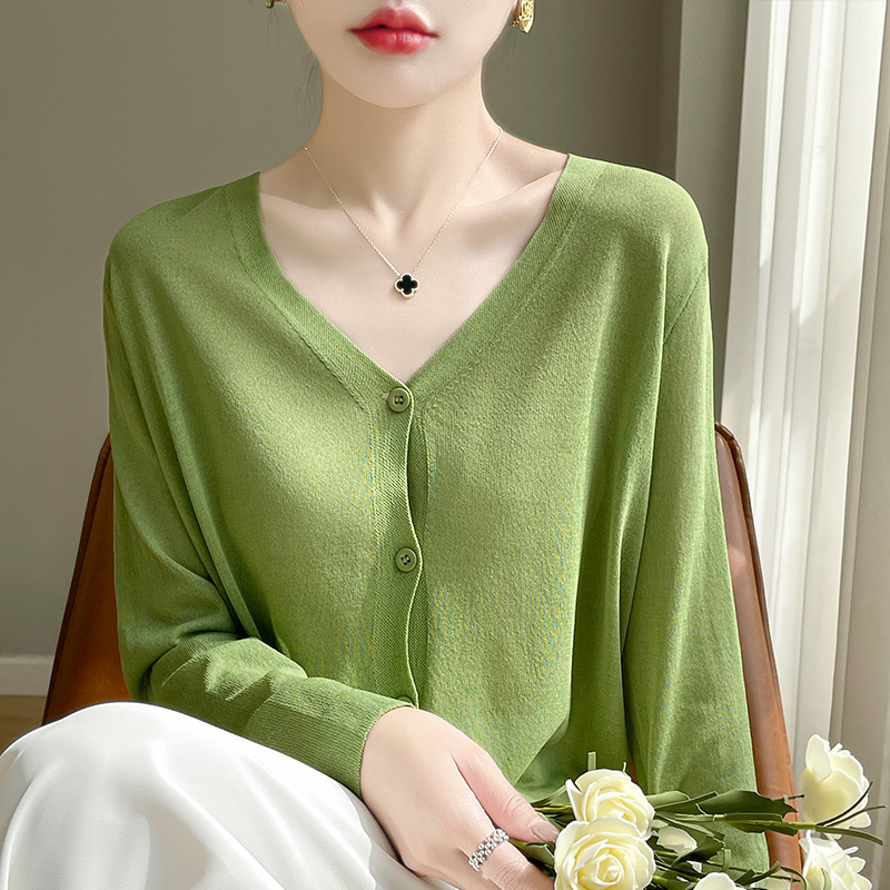 薄款开衫女针织2025夏冰丝长袖针织衫外套宽松V领大码外搭空调衫