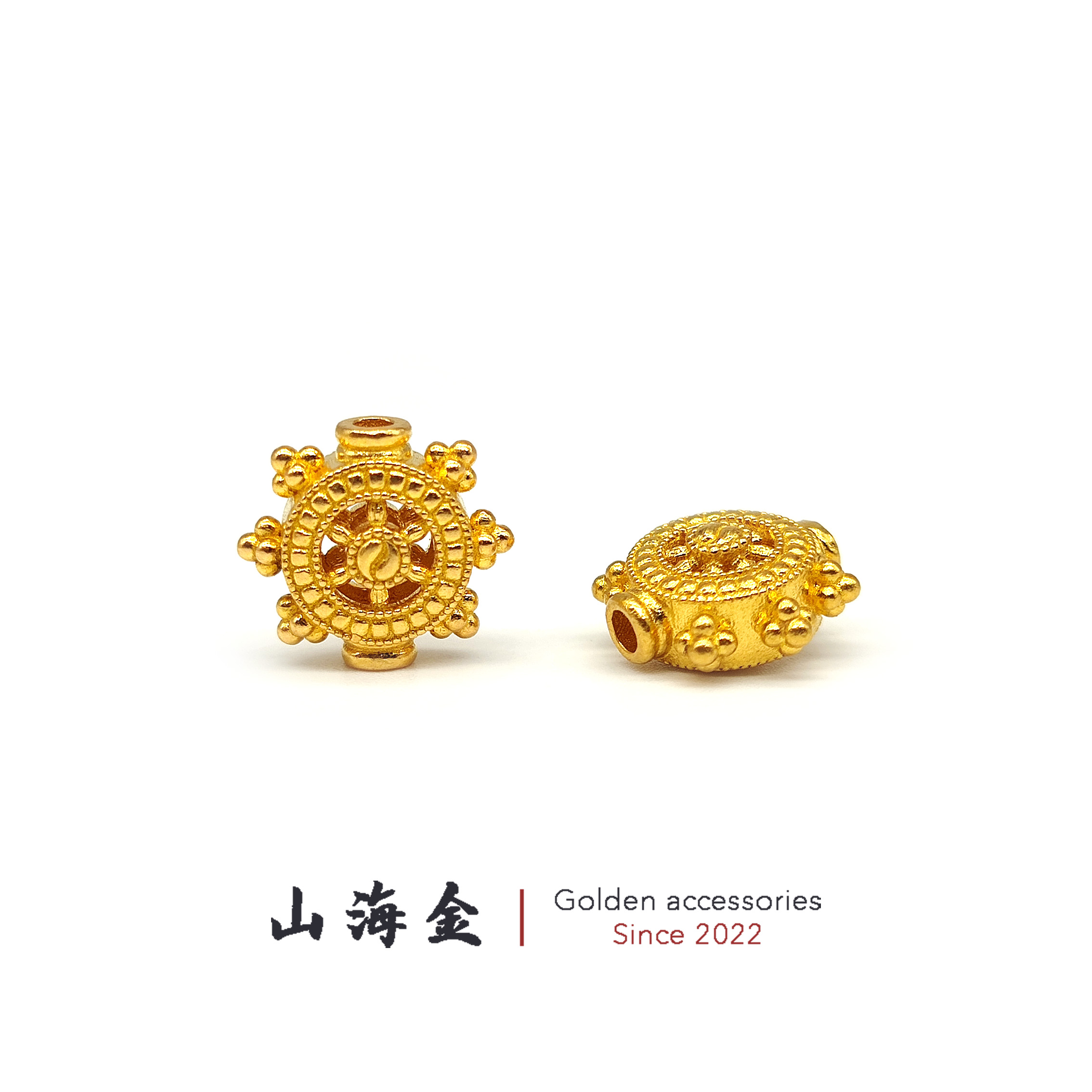 山海金 24K纯黄金999足金转经轮背云绳束文玩手串菩提佛珠DIY配饰