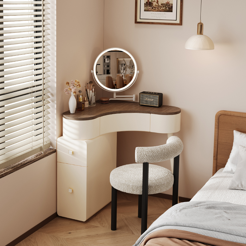 中古风实木转角梳妆台收纳柜斗柜一体卧室小户型拐角三角化妆台桌
