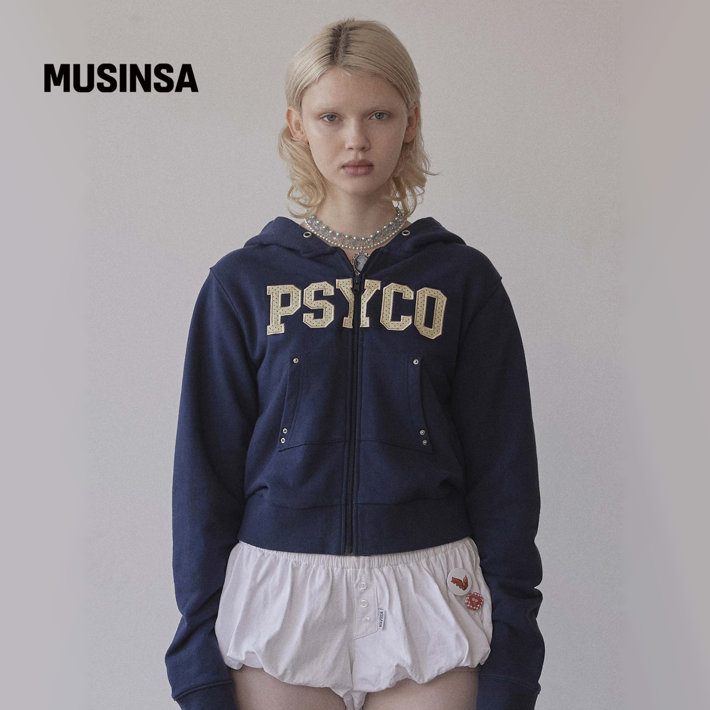 SCULPTOR 韩国25秋冬藏青色字母连帽卫衣女短款拉链上衣MUSINSA