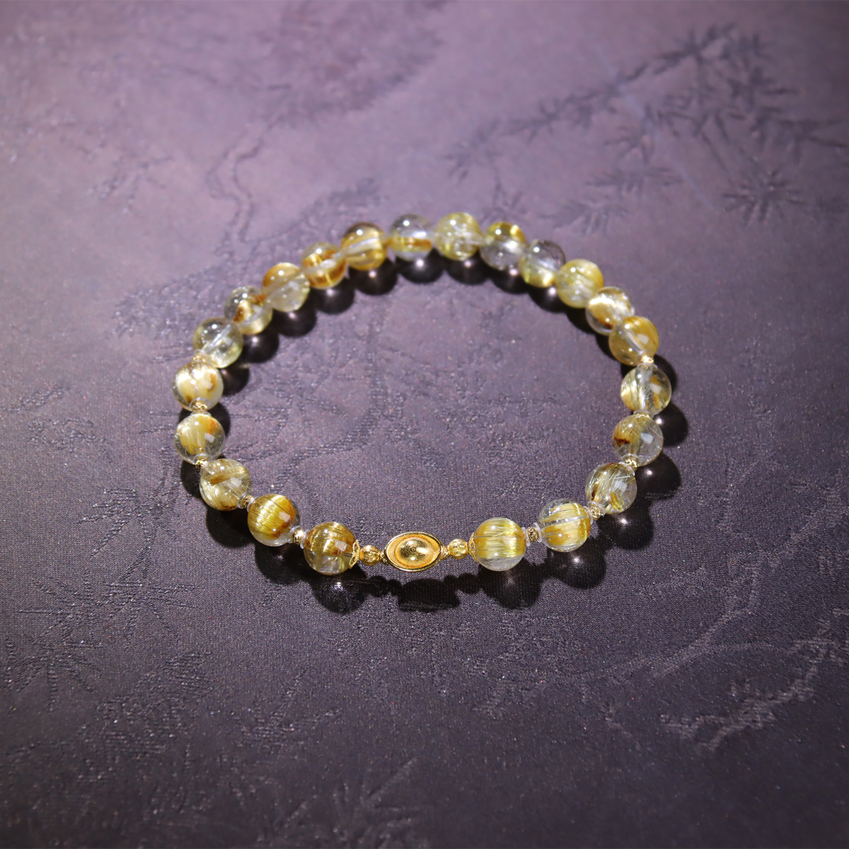 <金盘缠>板钛顺发钛晶透体金发晶卡6mm手串+18K金