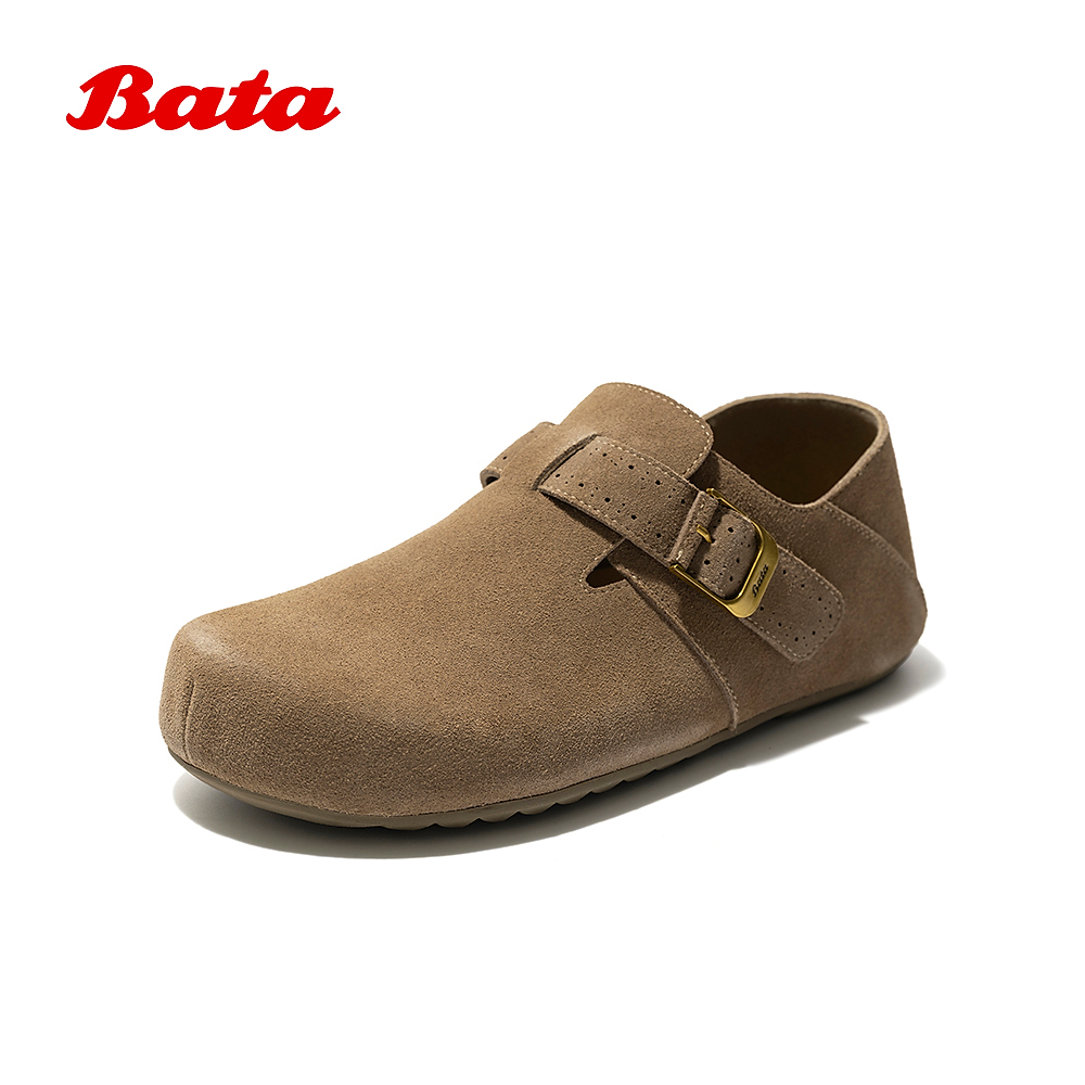 Bata勃肯鞋男2025秋商场新品英伦风复古牛剖皮厚底一脚蹬25127CM5