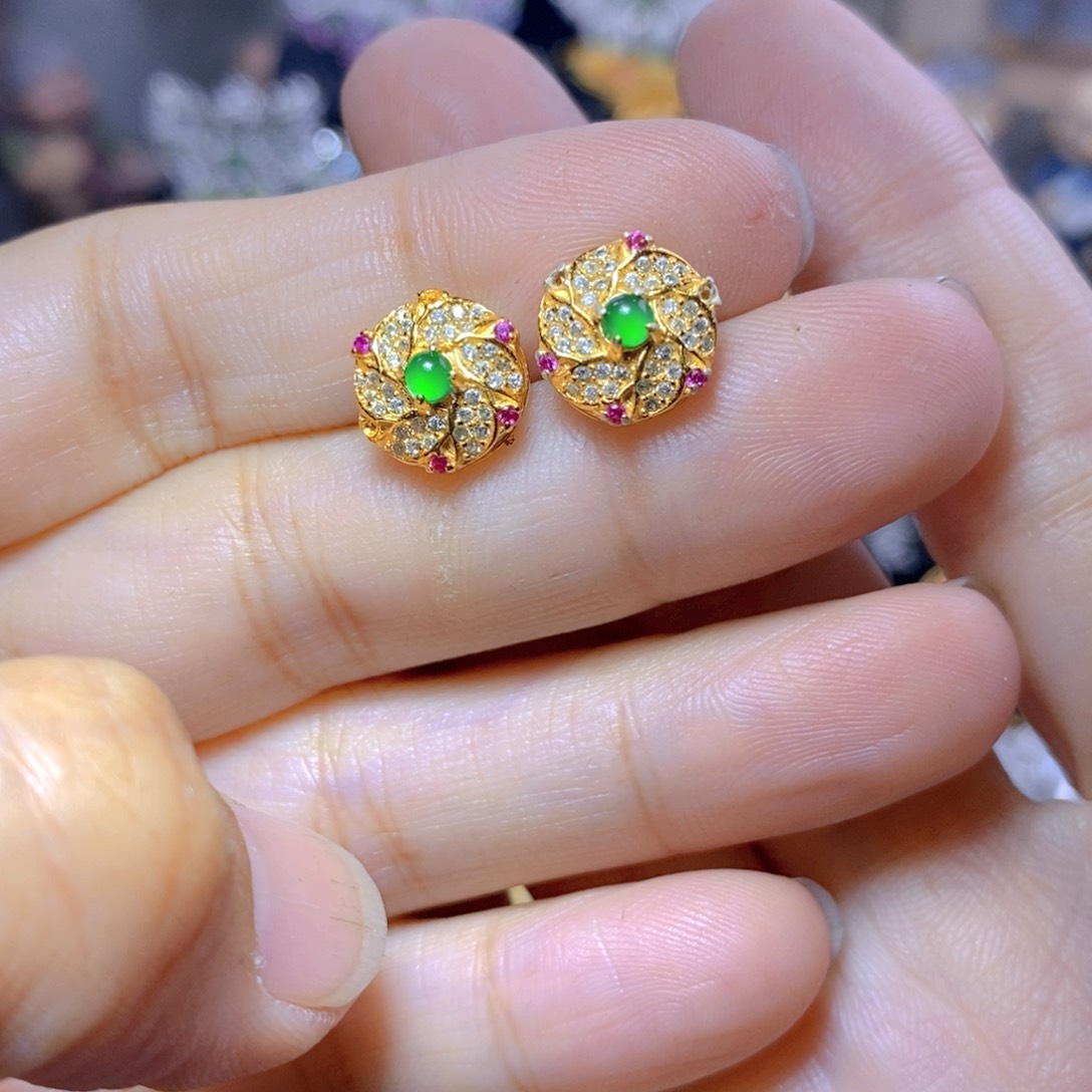 翡翠耳钉银S925镶嵌天然翡翠
