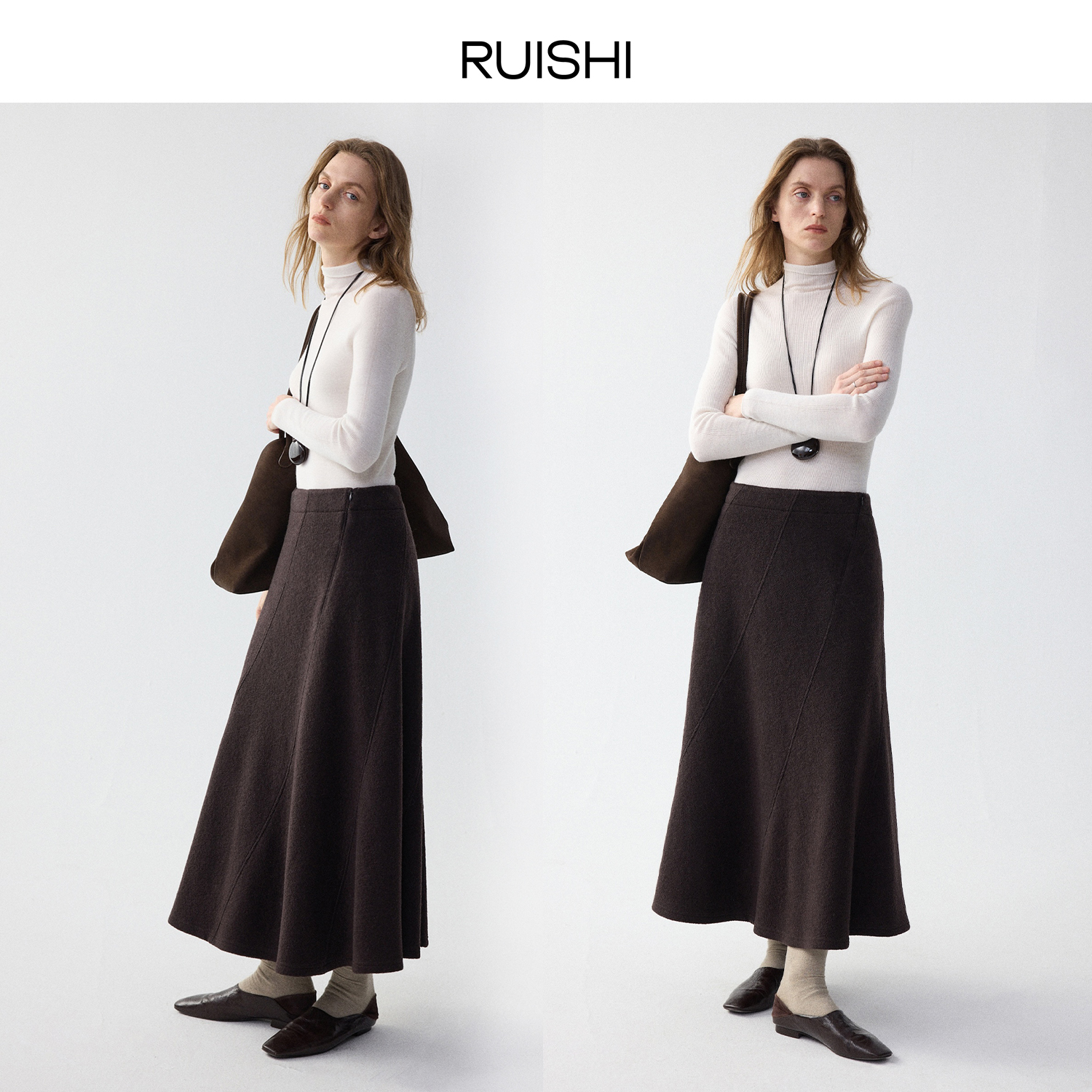 RUISHI芮时“柔光绽影”不规则毛呢中长款伞裙半裙女冬R25D140601