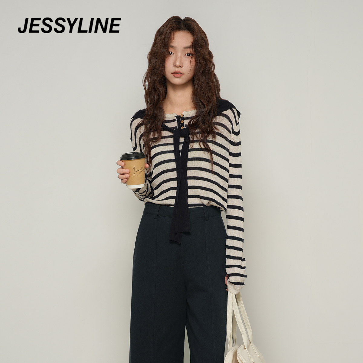 抖音双11好物杰茜莱条纹披肩针织衫女2025秋新短款毛衣 jessyline