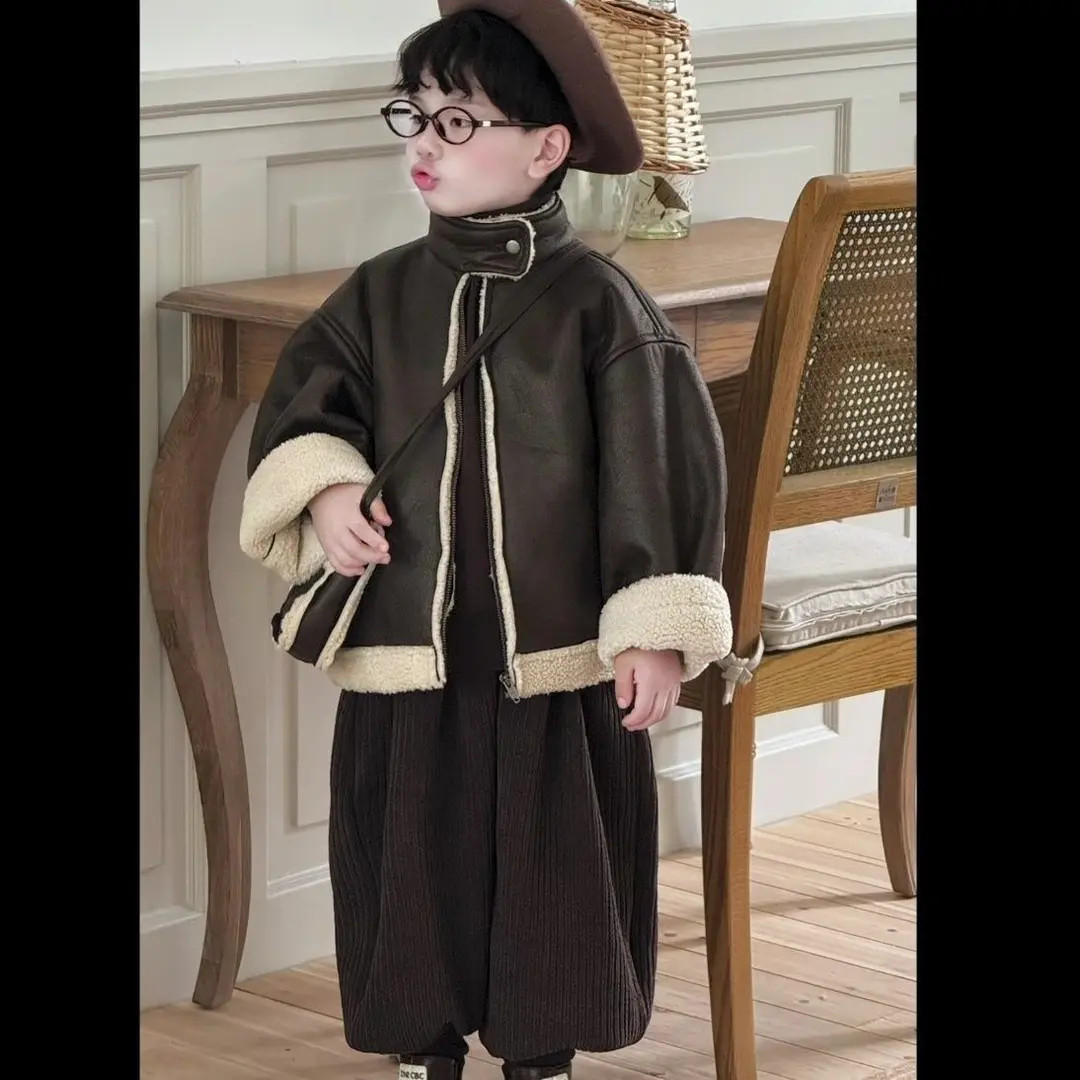 男童秋冬季加绒外套套装2025新款儿童韩版羊羔毛皮毛一体棉衣外套