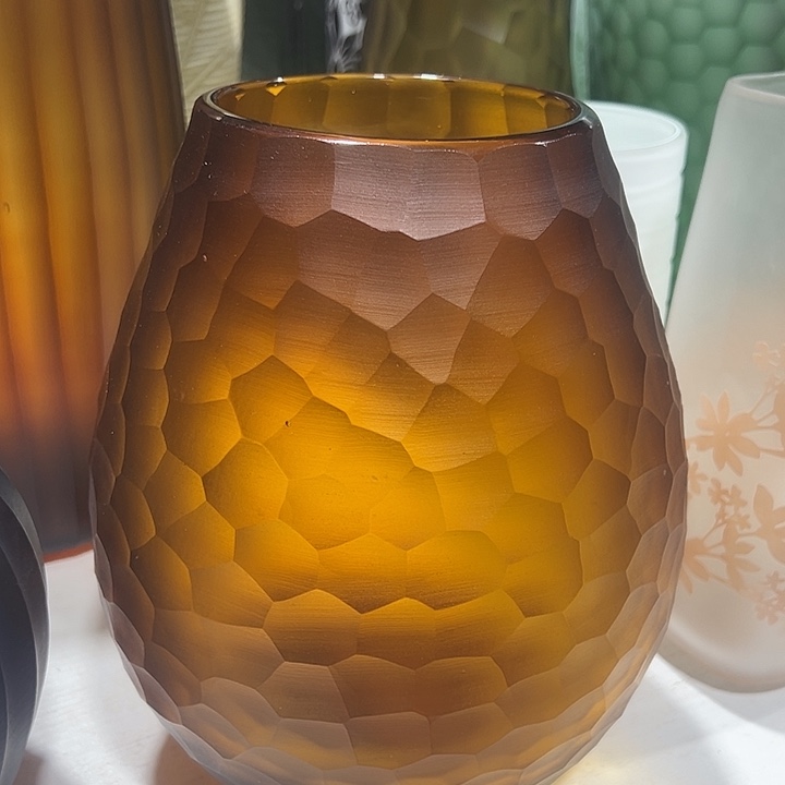 琉璃手工艺品琥珀色磨刻花瓶花器高25口10