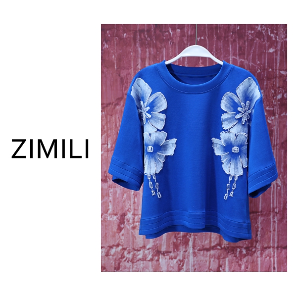 【亮哥女装】2025欧版景泰蓝撞色印花钉珠高克重休闲短袖8769-C3