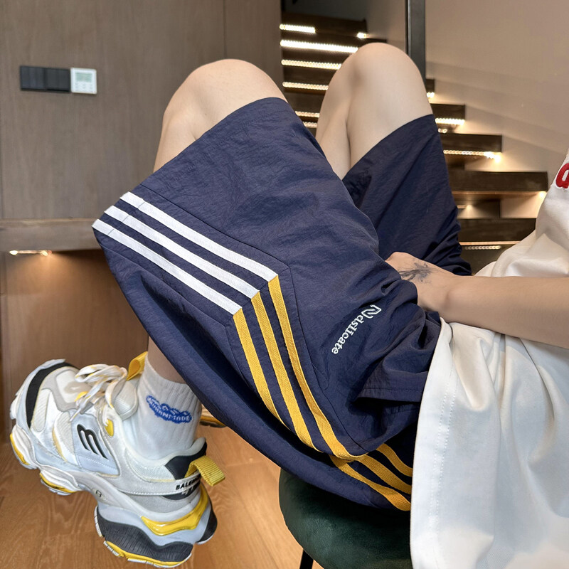 藏青色美式短裤男款夏季条纹短裤青少年休闲马裤宽松运动风五分裤