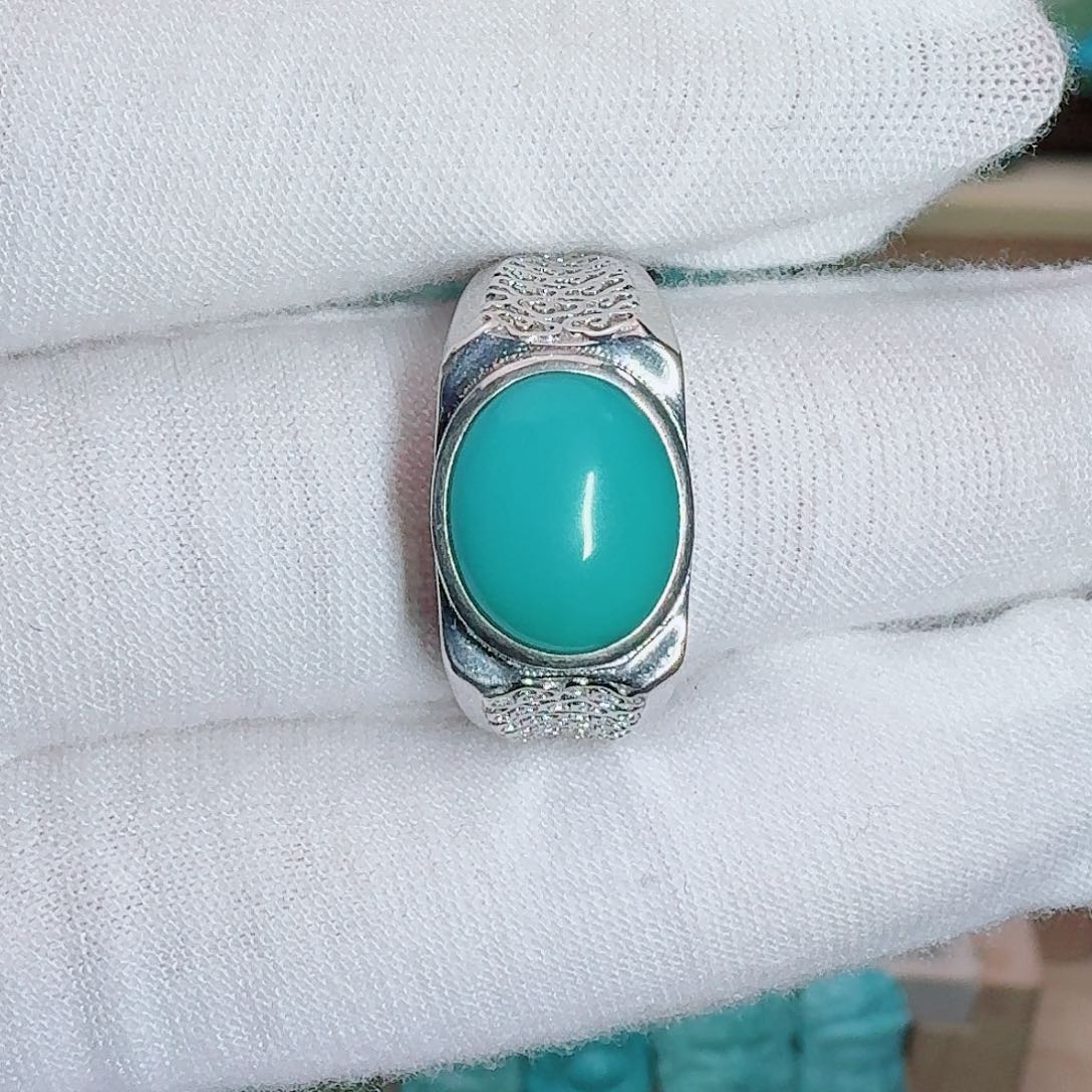 绿松石银S925镶嵌珠宝奇石果冻料戒指