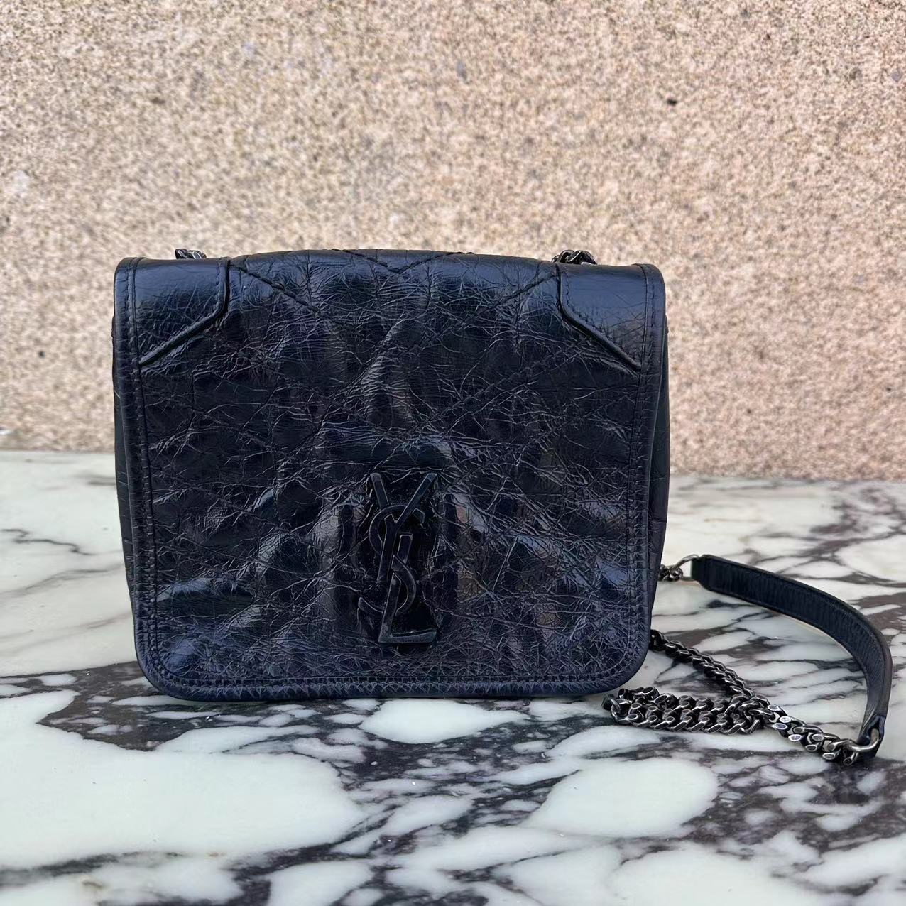 99新 YSL/圣罗兰 ysl niki mini黑银油蜡皮d扣版/98新