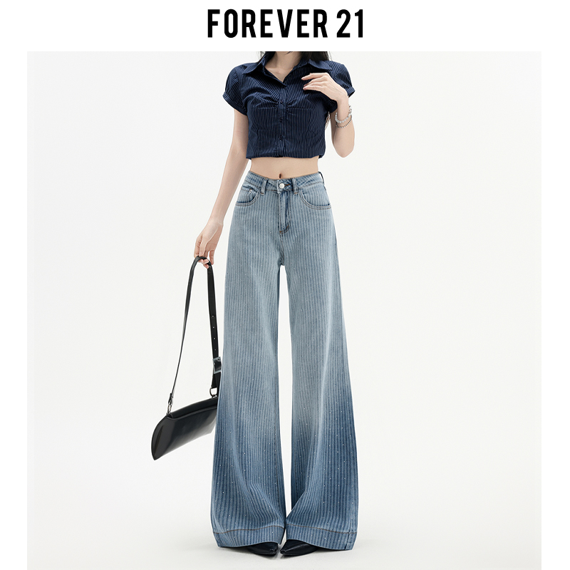 Forever 21美式渐变浅蓝阔腿牛仔裤女设计感烫钻高腰宽松直筒裤子