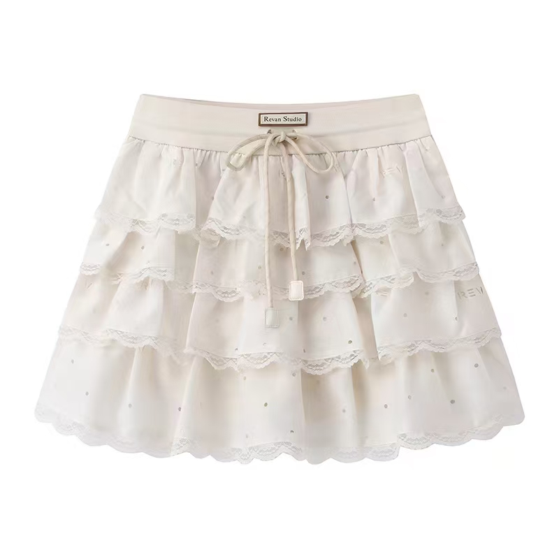 夏季新款小众设计少女感腰系带松紧米色蓬蓬蛋糕裙A