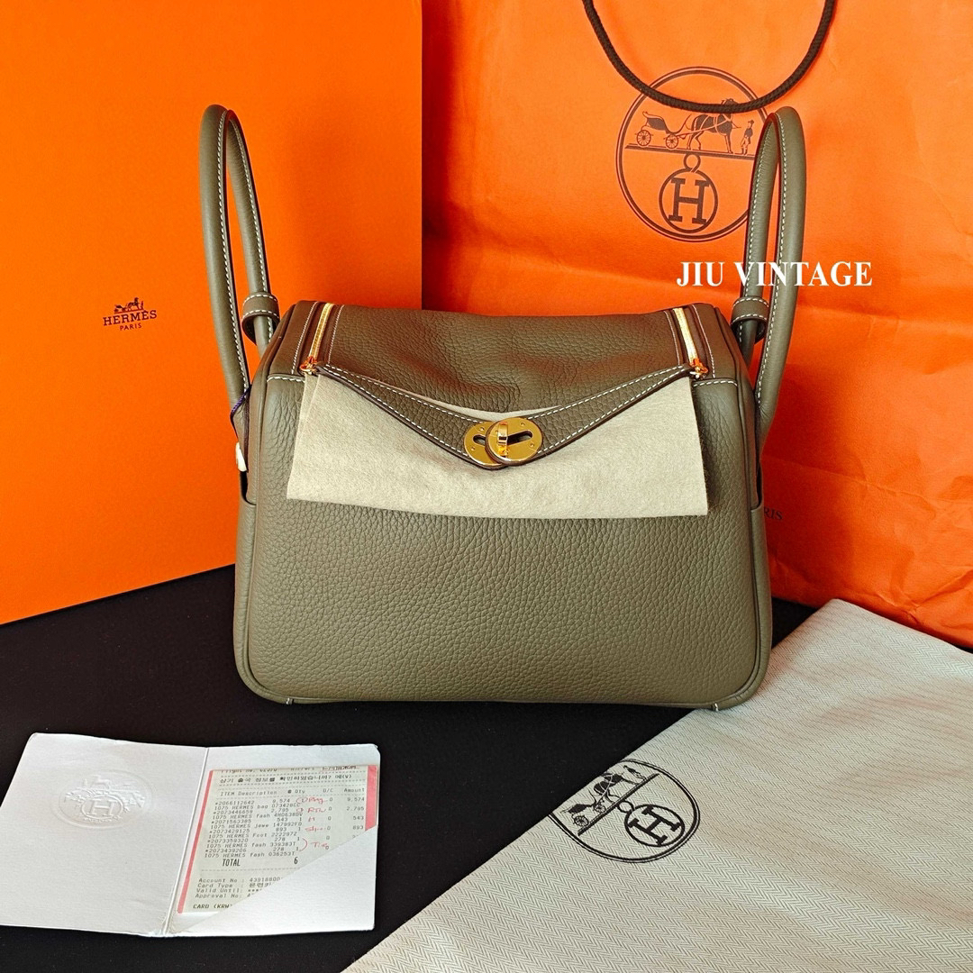 99新 Hermes/爱马仕 lindy26 大象灰金扣W刻 斜挎包 B8873