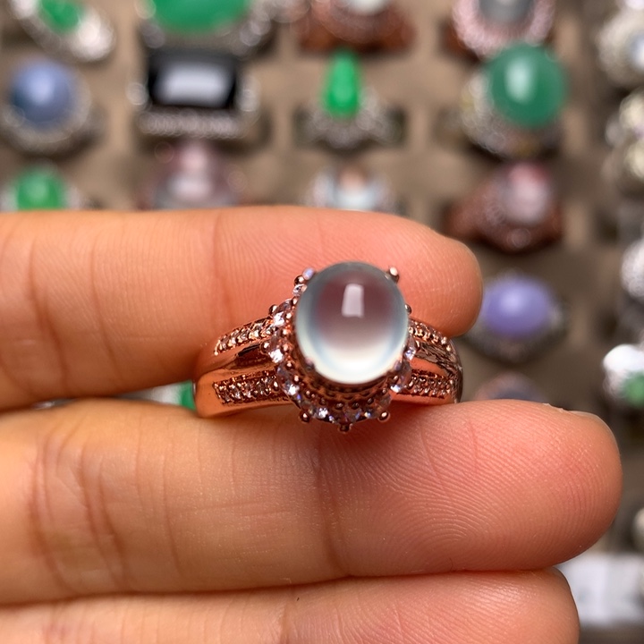 翡翠合金戒指翡翠高冰波双眼皮钢蛋戒面