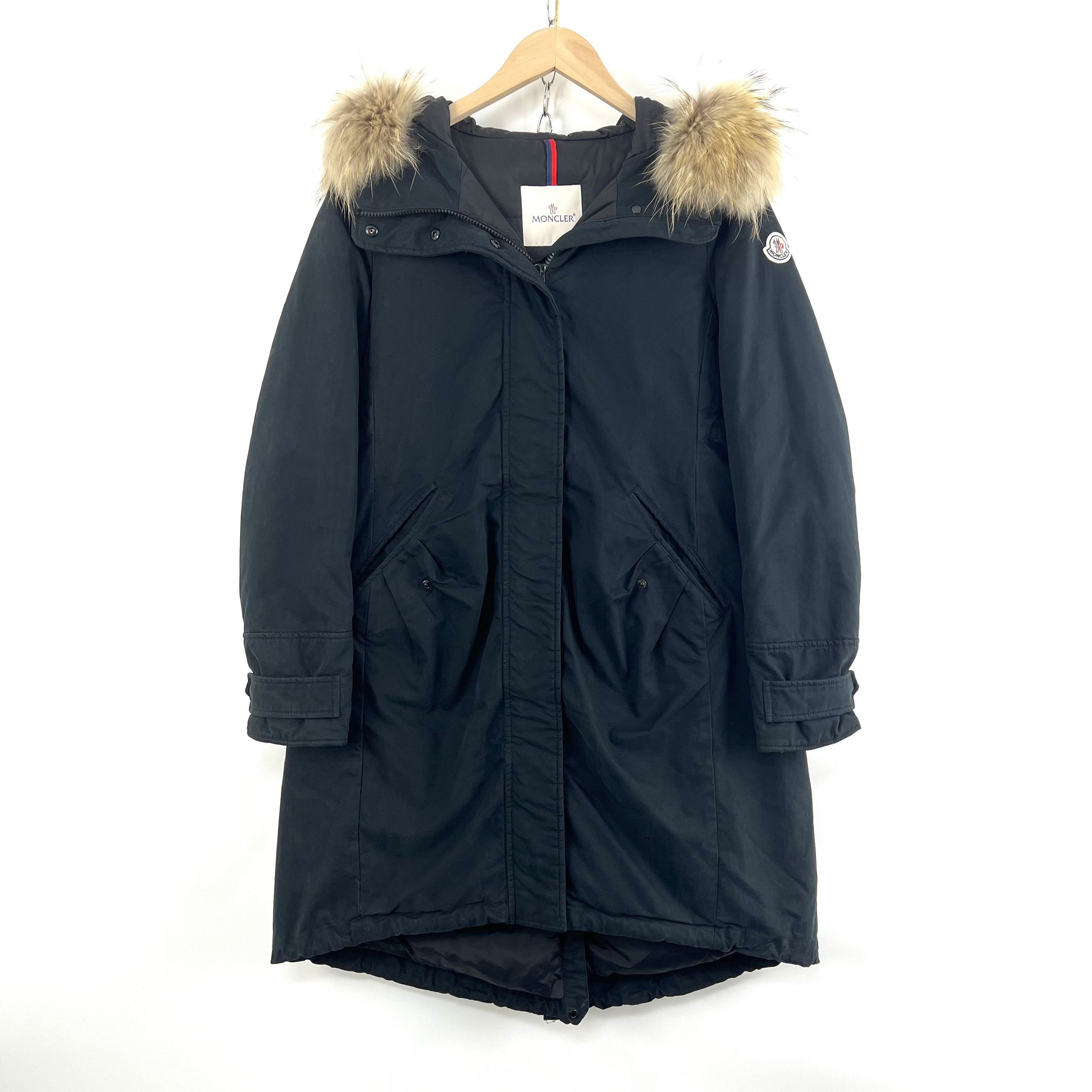 95新 MONCLER 97新/1码/深蓝色长款连帽毛领派克大衣羽绒服/08986