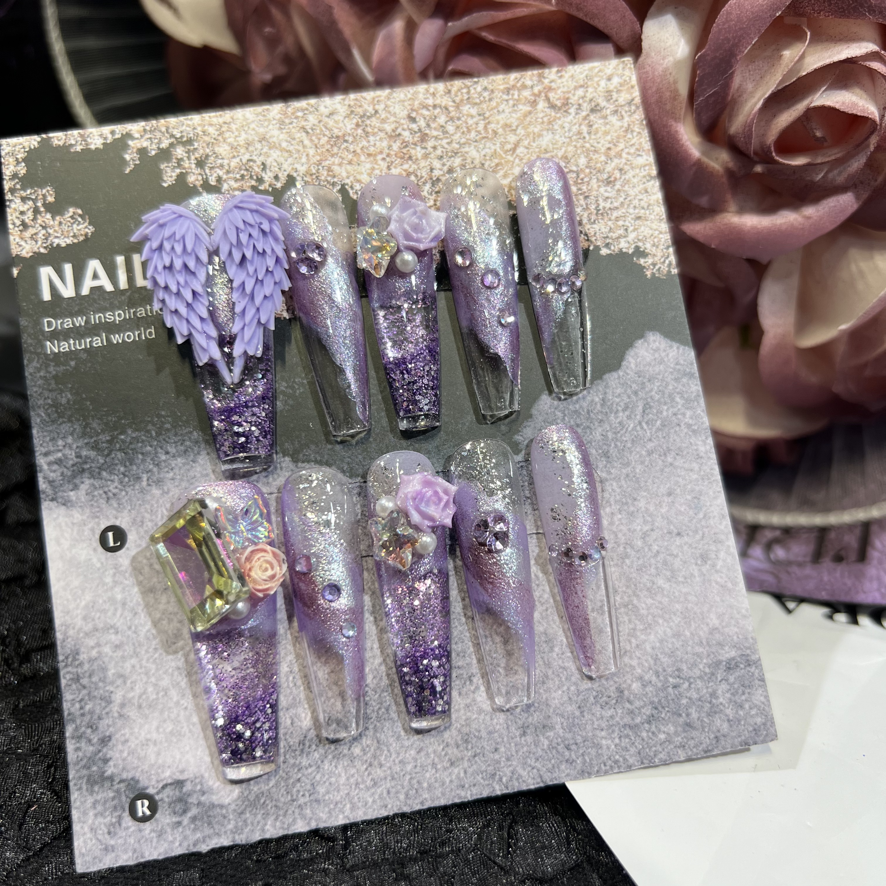 欧蜜-【紫灵羽翼】雕刻翅膀纯手绘高级定制手绘雕花纯手工穿戴甲显