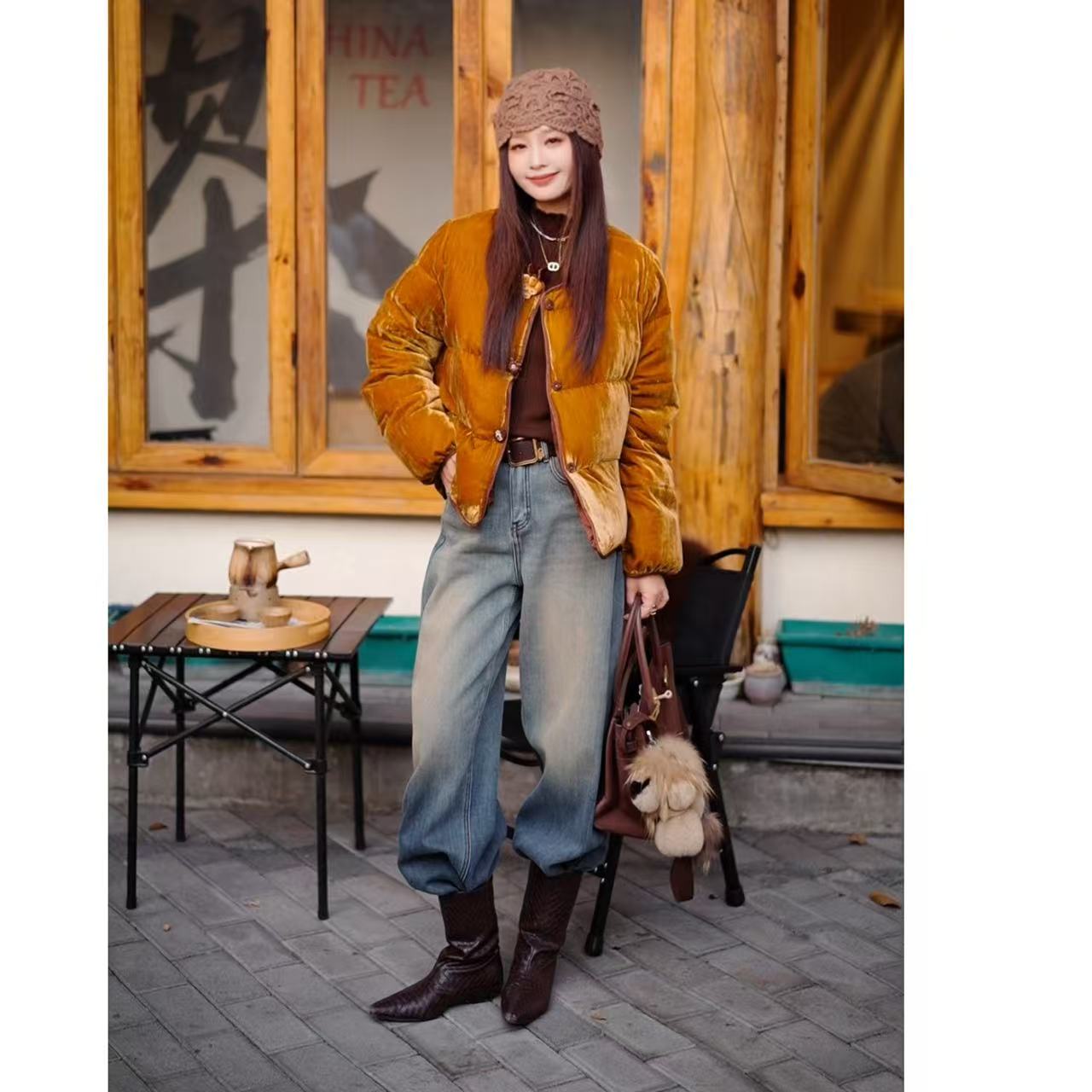 【多汁阳光】欧货复古休闲风显瘦圆领羽绒服（围巾另购）YR1191