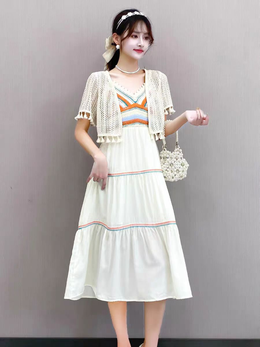 W163#沙滩裙民族风连衣裙吊带裙海边度假多巴胺两件套裙（约116）