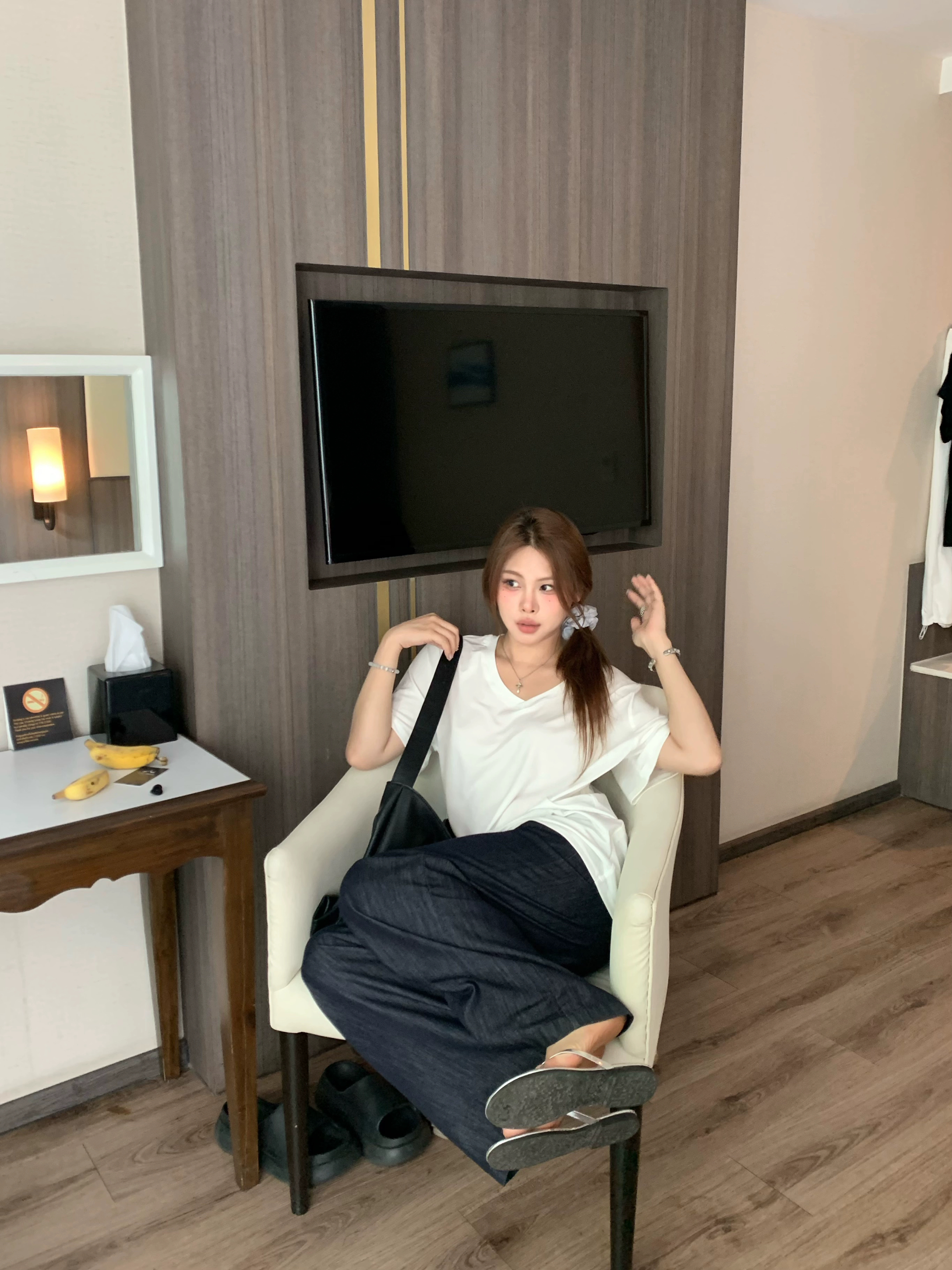 宅宅athome//单宁自由 原色轻薄直筒牛仔裤松紧腰宽松显瘦休闲长