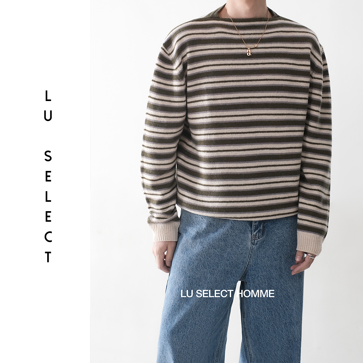 Lu SELECT 25AW【LP】羊毛混纺定织定染条纹船领罗纹套头针织毛衣