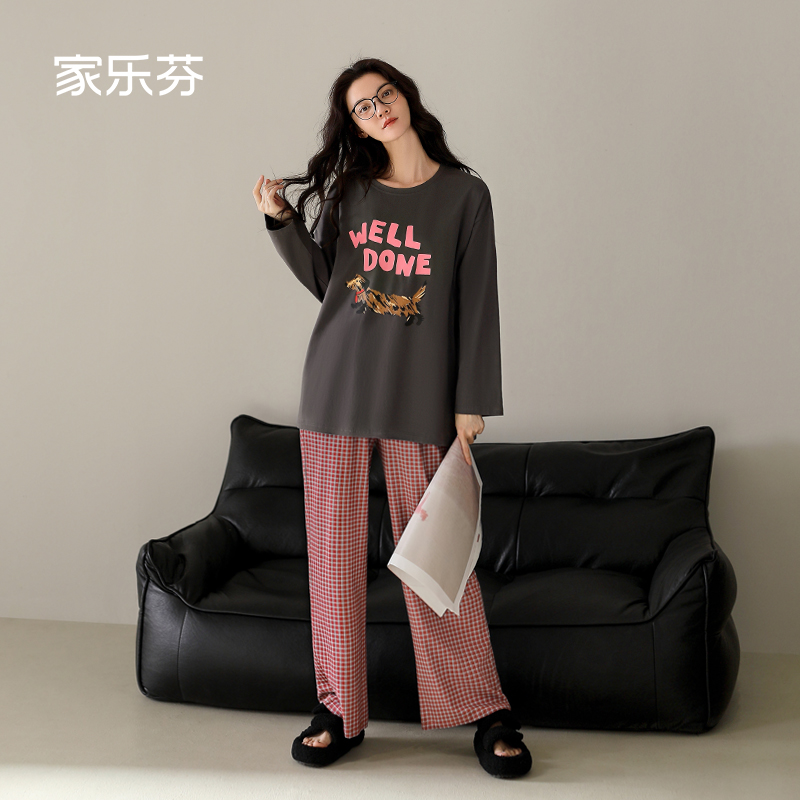家乐芬睡衣女士春秋季纯棉长袖长裤家居服大码格子圆领套头可外穿