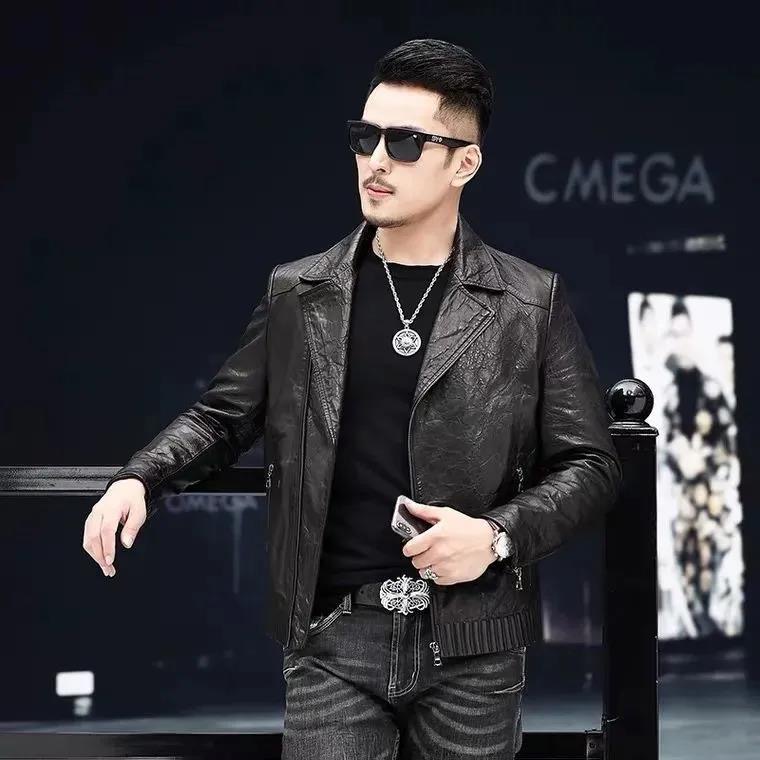 2025秋季新款海宁绵羊真皮皮衣男皮机车修身韩版西装领皮夹克外套