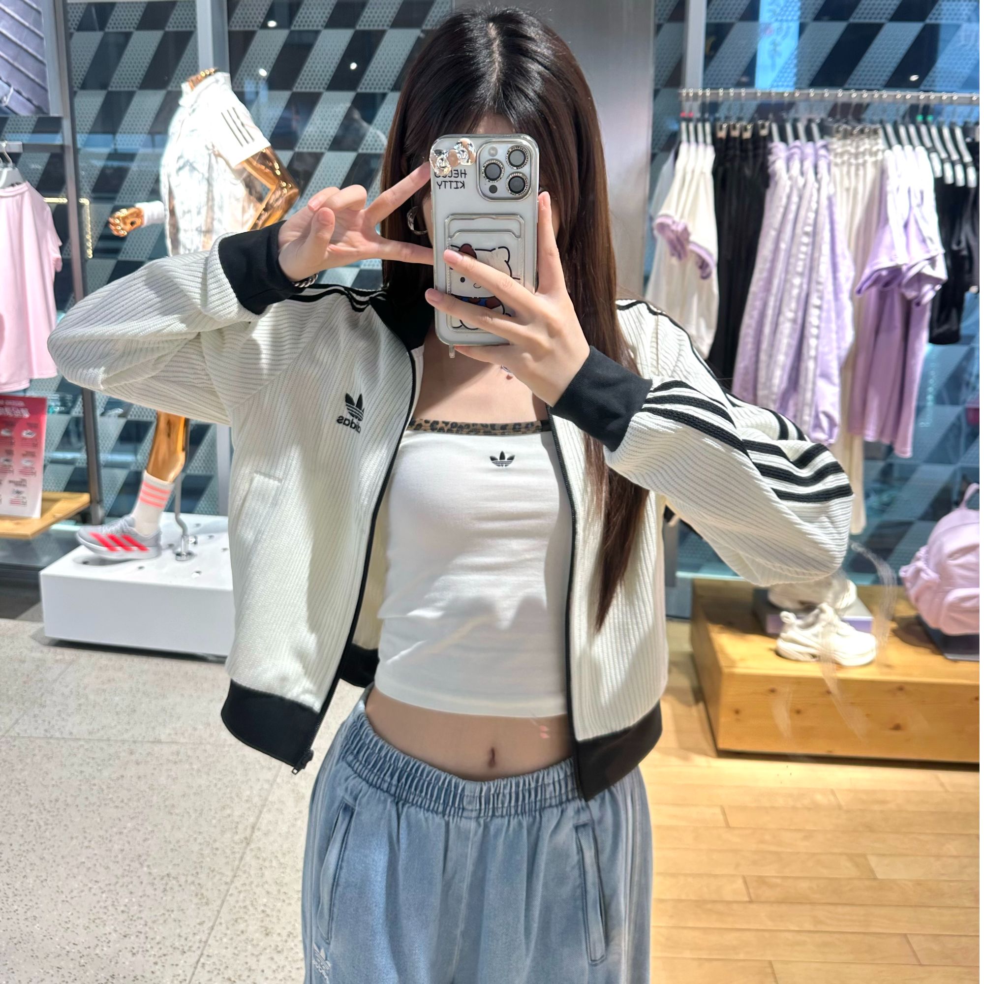 adidas华夫格针织运动宽松夹克短款外套 KC2649